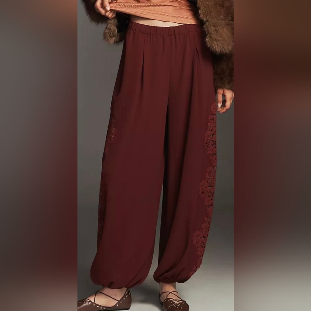 Anthropologie Dark Red Lace-Panel Balloon Pants - Picture 5 of 6
